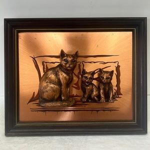 Mid Century Modern 3D Cat and Kittens copper 2D  framed art